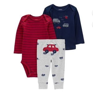 Carter's 3-Piece Red & Navy Striped Bodysuit with Gray Car Print Pants Sz 9M